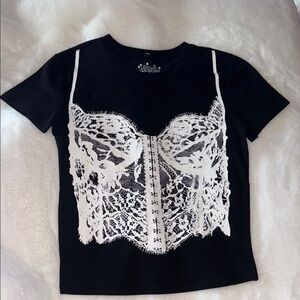 Women's Black and White Lace Graphic Top